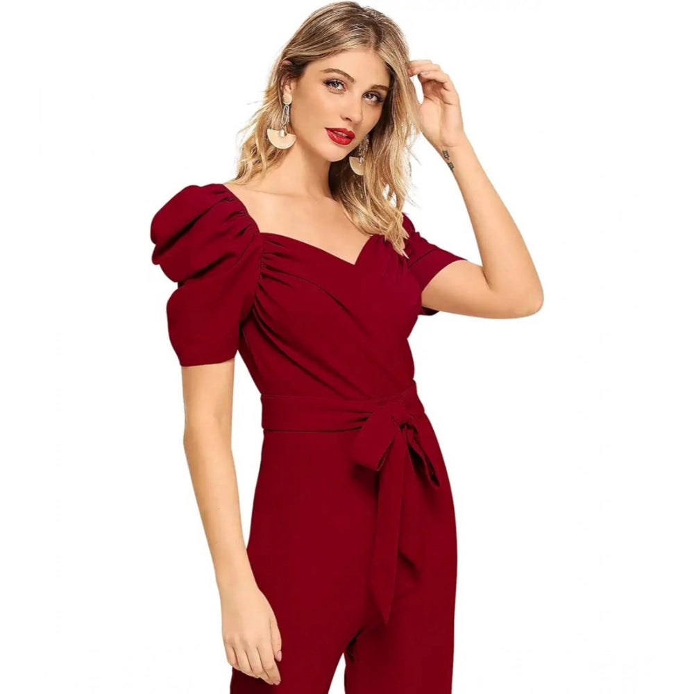 Women's Polyester Solid Sweet Heart Short Sleeve Jumpsuit (Maroon)