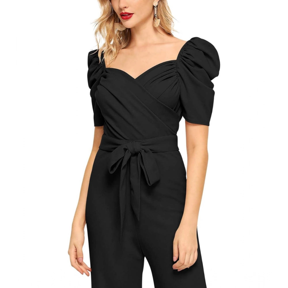 Women's Polyester Solid Sweet Heart Short Sleeve Jumpsuit (Black)