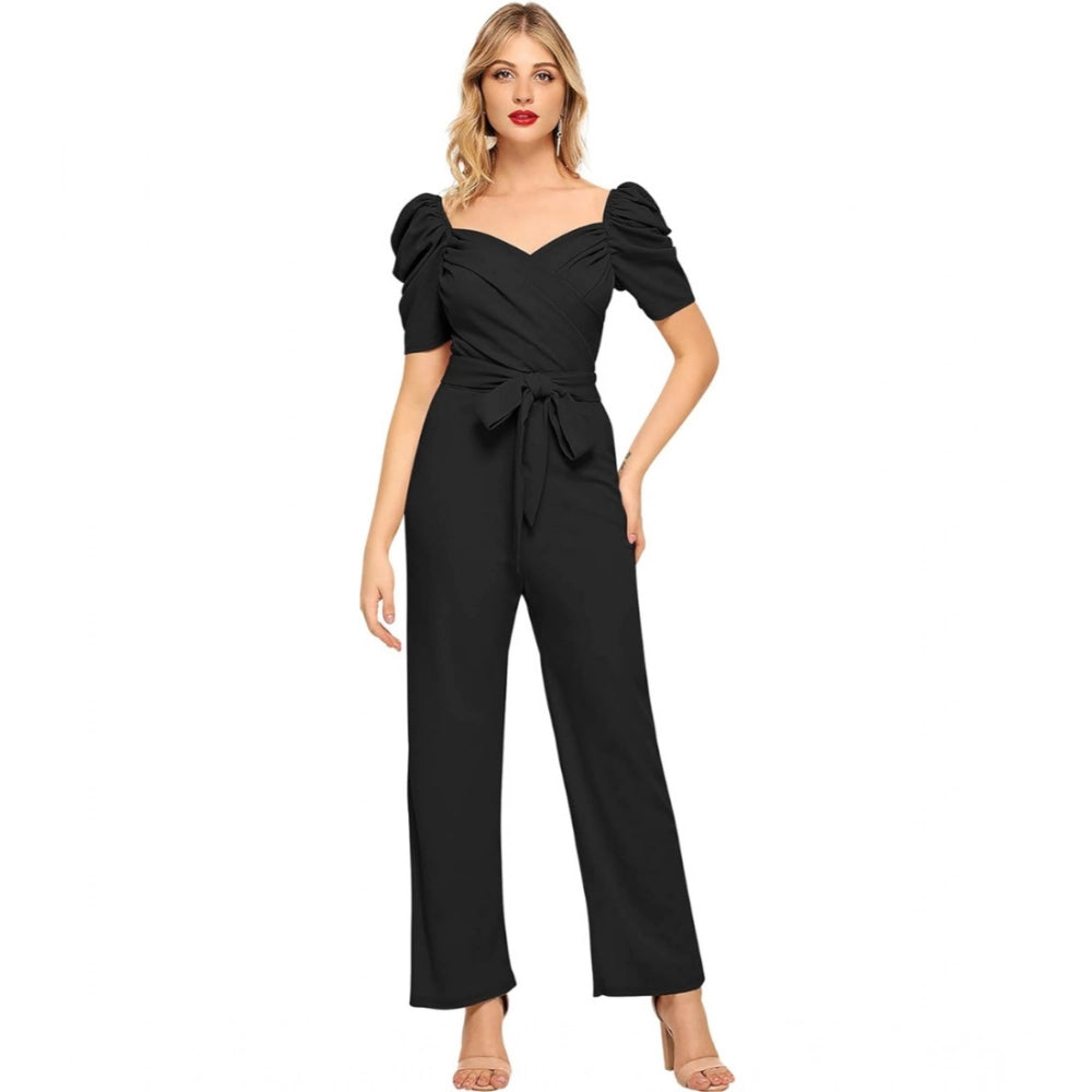 Women's Polyester Solid Sweet Heart Short Sleeve Jumpsuit (Black)