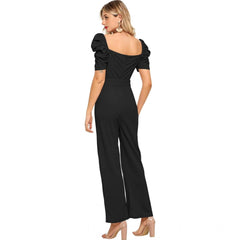 Women's Polyester Solid Sweet Heart Short Sleeve Jumpsuit (Black)