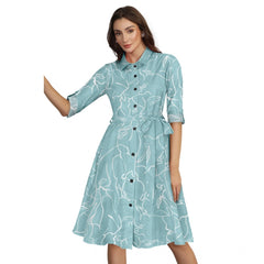 Women's Ruby Cotton Printed Shirt Collar 3-4th Sleeve Dresses (Pista)