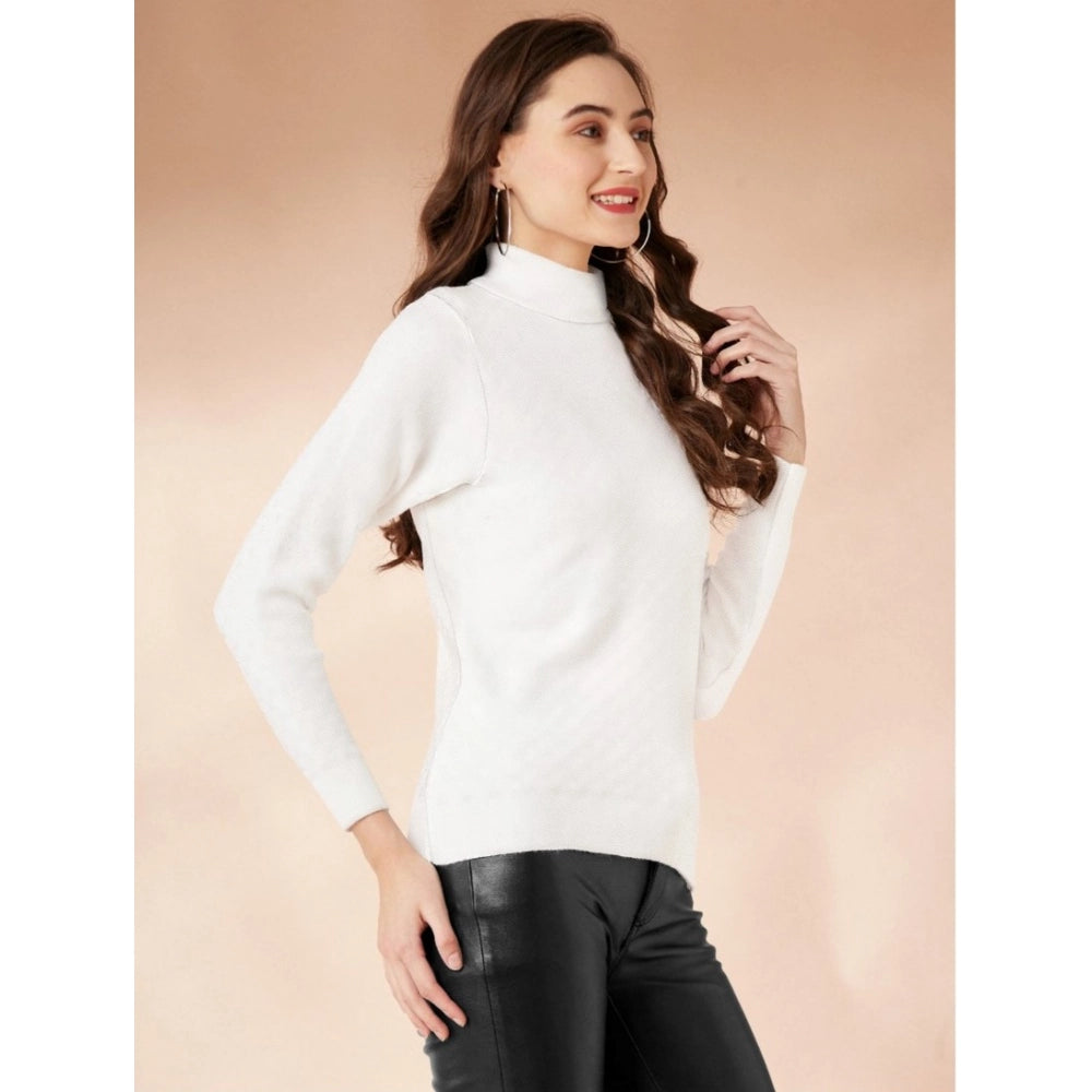 Women's Polyester Solid High Neck Full Sleeve T-Shirt (White)