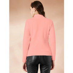 Women's Polyester Solid High Neck Full Sleeve T-Shirt (Peach)