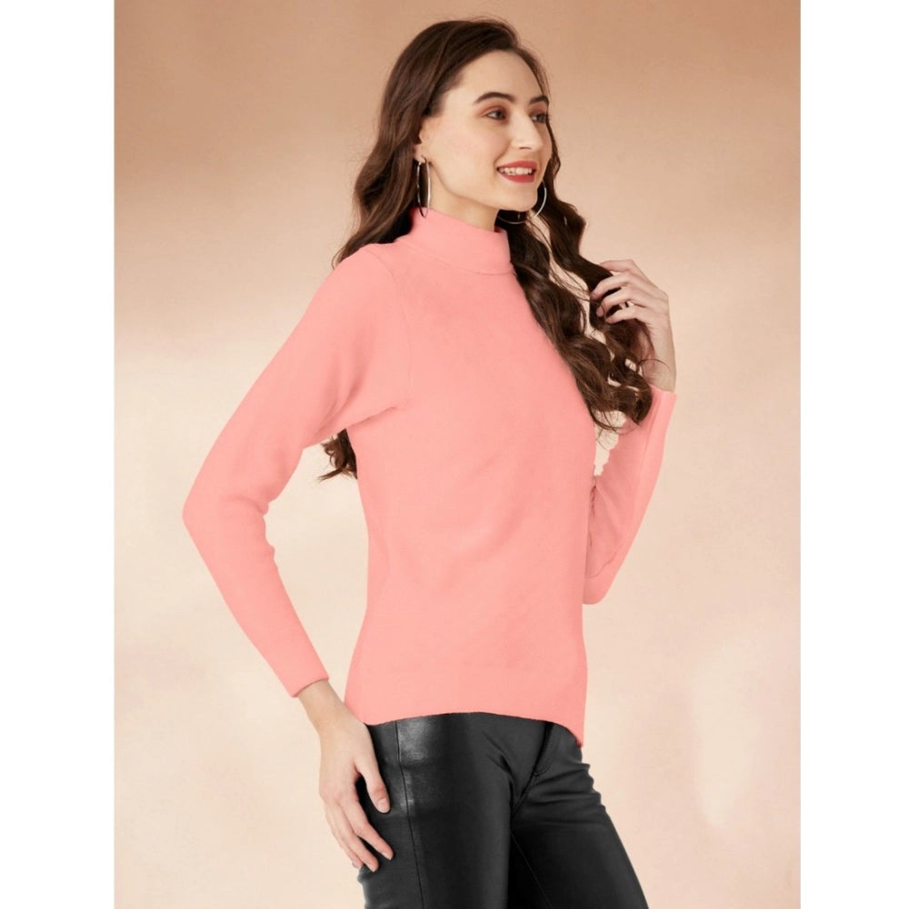 Women's Polyester Solid High Neck Full Sleeve T-Shirt (Peach)