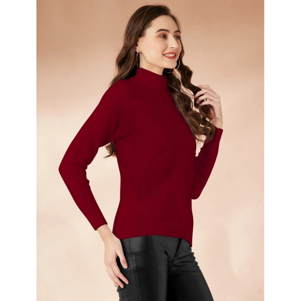 Women's Polyester Solid High Neck Full Sleeve T-Shirt (Maroon)