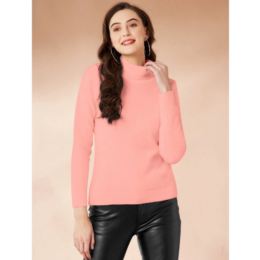 Women's Polyester Solid High Neck Full Sleeve T-Shirt (Peach)