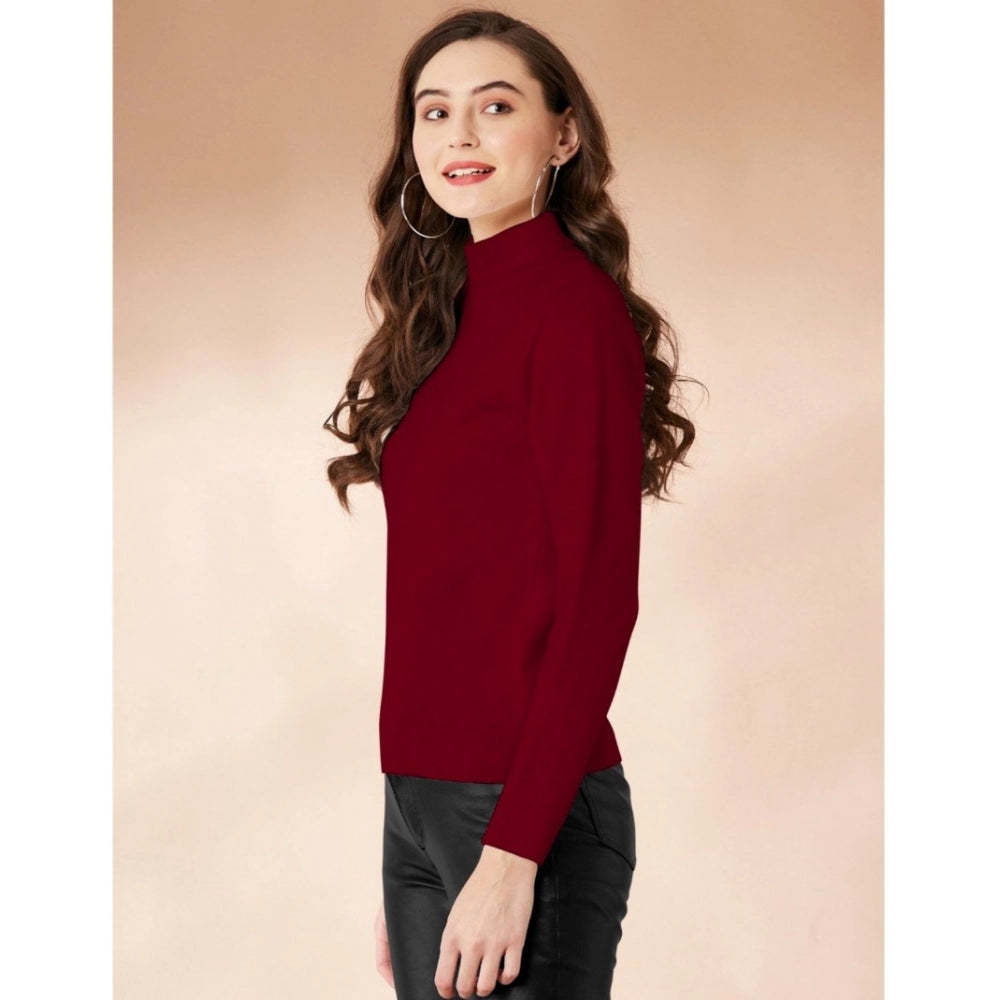 Women's Polyester Solid High Neck Full Sleeve T-Shirt (Maroon)