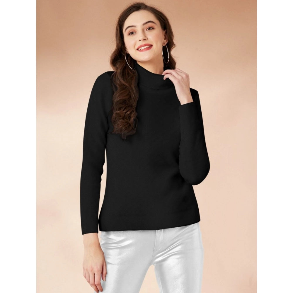 Women's Polyester Solid High Neck Full Sleeve T-Shirt (Black)