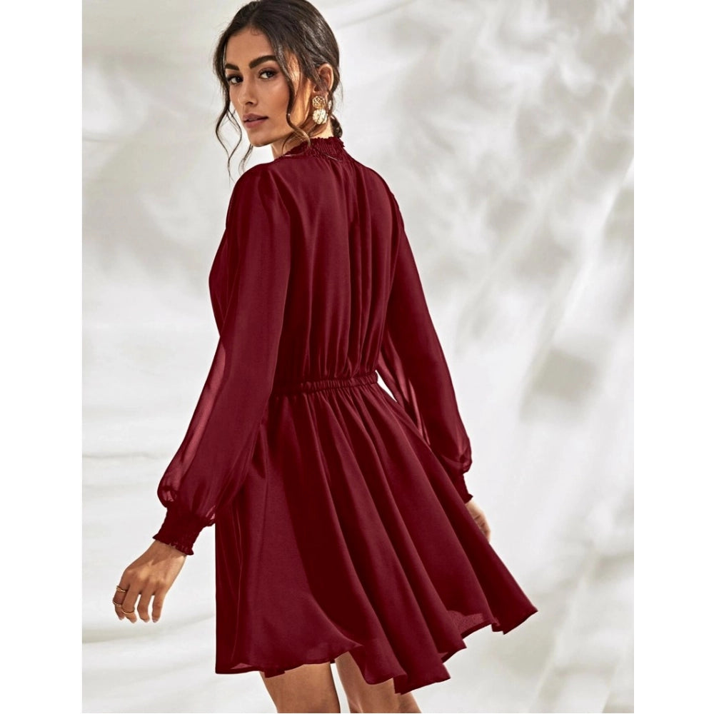 Women's Fox Georgette Solid High Neck Full Sleeve Dresses (Maroon)