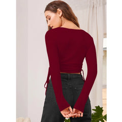 Women's Polyester Solid Round Neck Full Sleeve Top (Maroon)