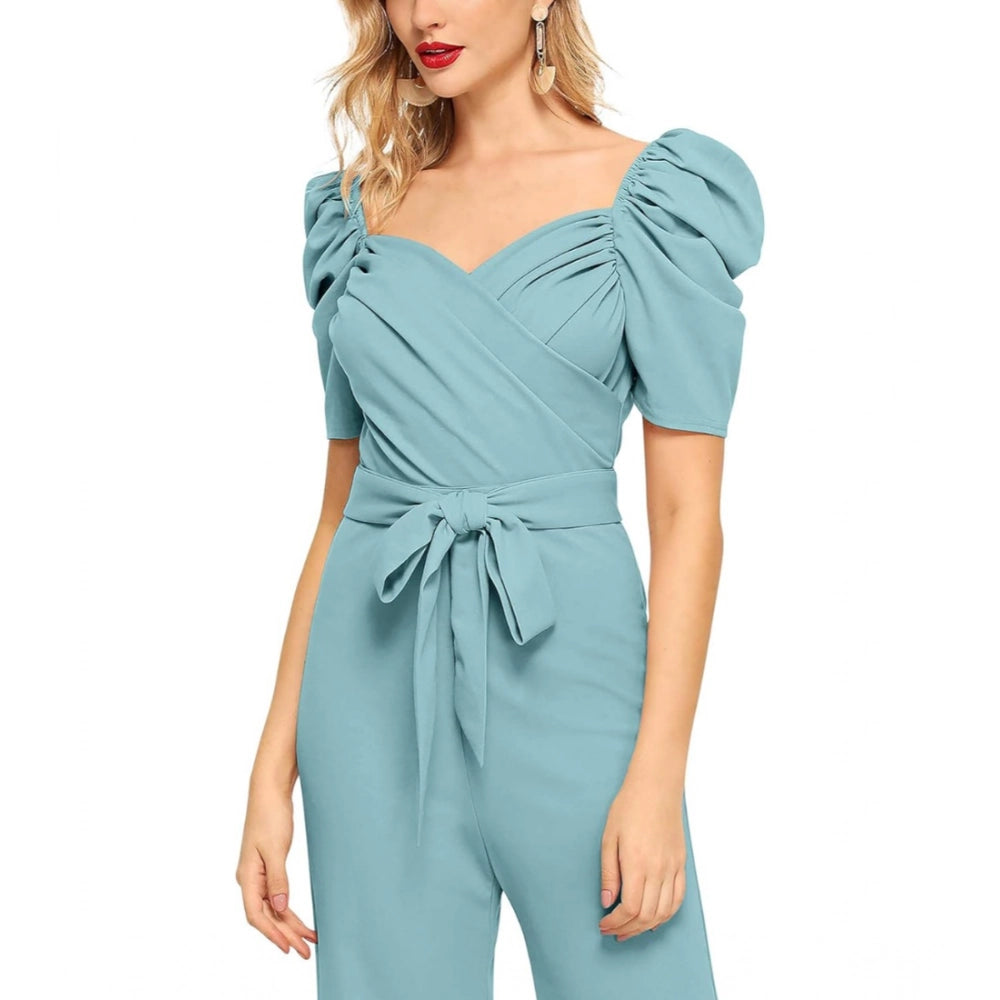 Women's Polyester Solid Sweet Heart Short Sleeve Jumpsuit (Pista)