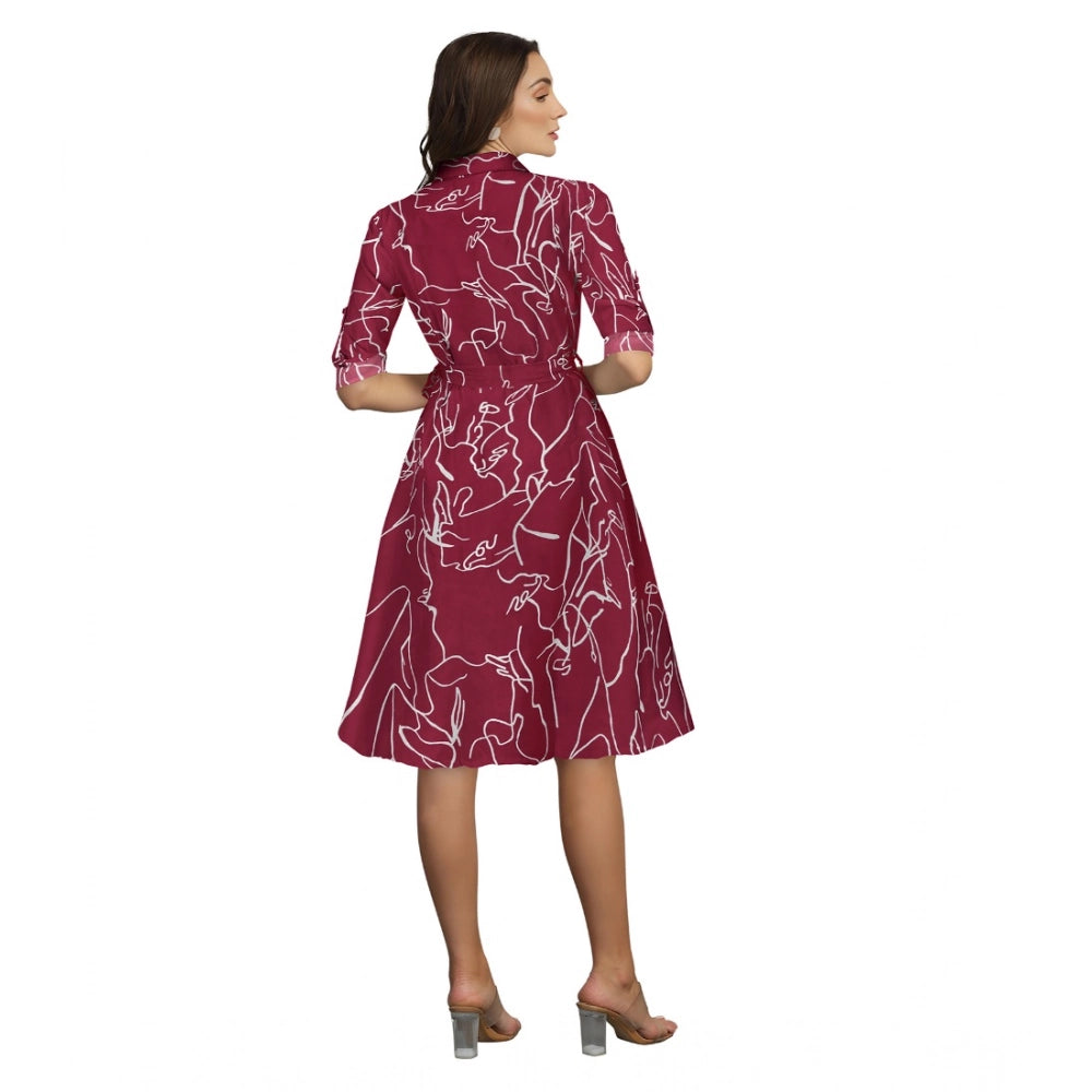 Women's Ruby Cotton Printed Shirt Collar 3-4th Sleeve Dresses (Maroon)