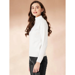 Women's Polyester Solid High Neck Full Sleeve T-Shirt (White)