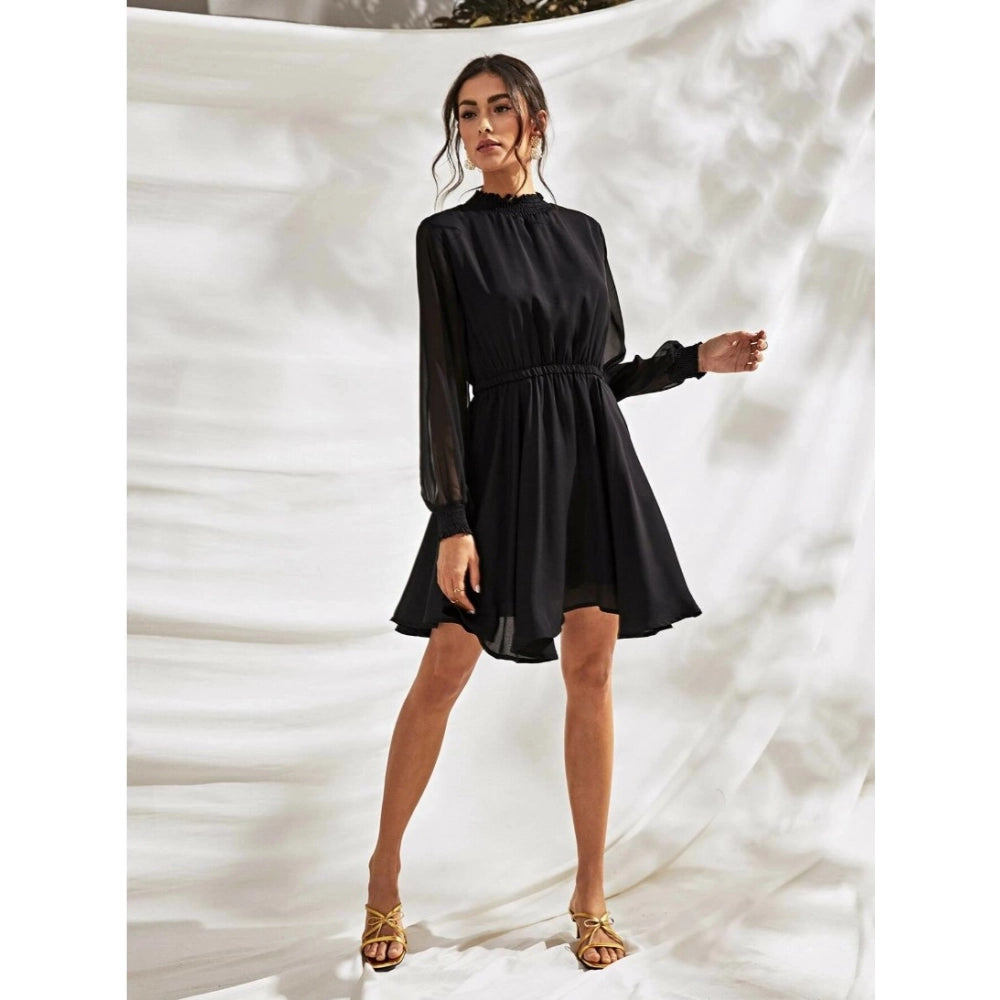 Women's Fox Georgette Solid High Neck Full Sleeve Dresses (Black)