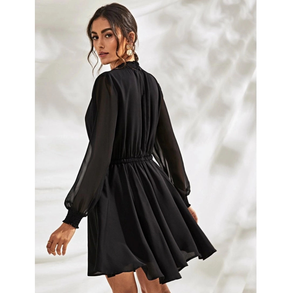 Women's Fox Georgette Solid High Neck Full Sleeve Dresses (Black)