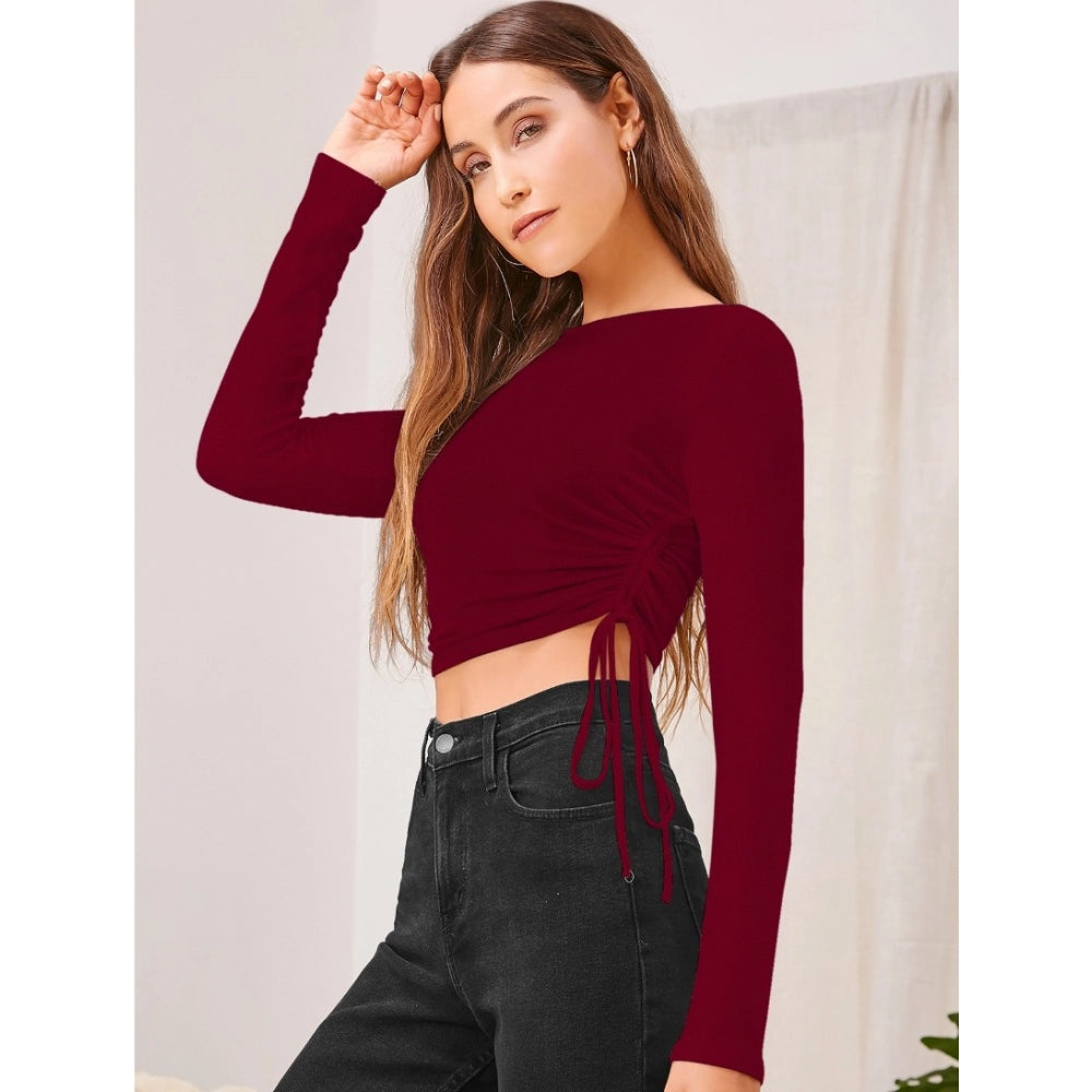 Women's Polyester Solid Round Neck Full Sleeve Top (Maroon)