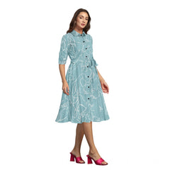 Women's Ruby Cotton Printed Shirt Collar 3-4th Sleeve Dresses (Pista)