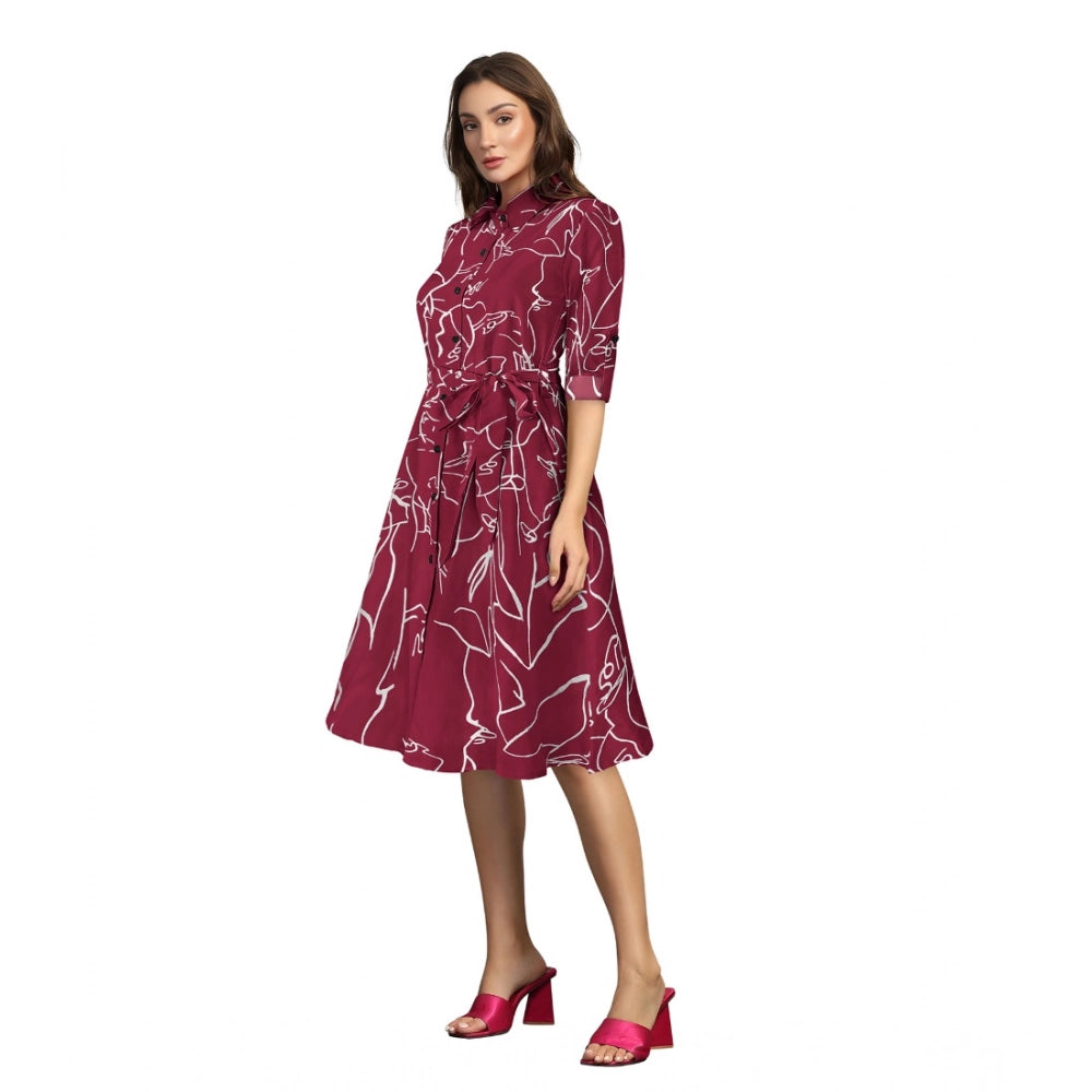 Women's Ruby Cotton Printed Shirt Collar 3-4th Sleeve Dresses (Maroon)