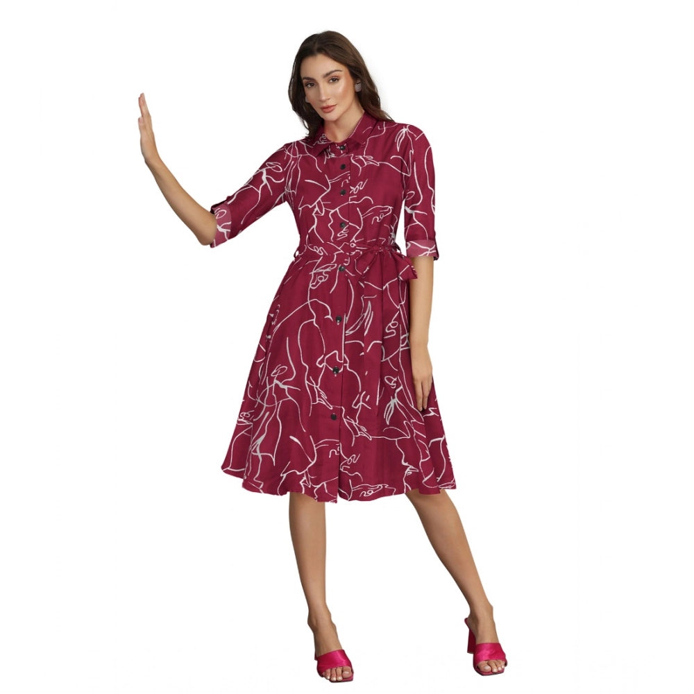 Women's Ruby Cotton Printed Shirt Collar 3-4th Sleeve Dresses (Maroon)