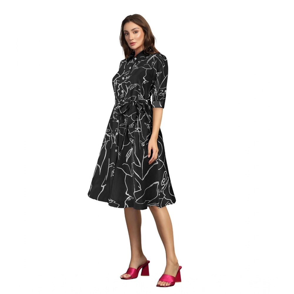 Women's Ruby Cotton Printed Shirt Collar 3-4th Sleeve Dresses (Black)