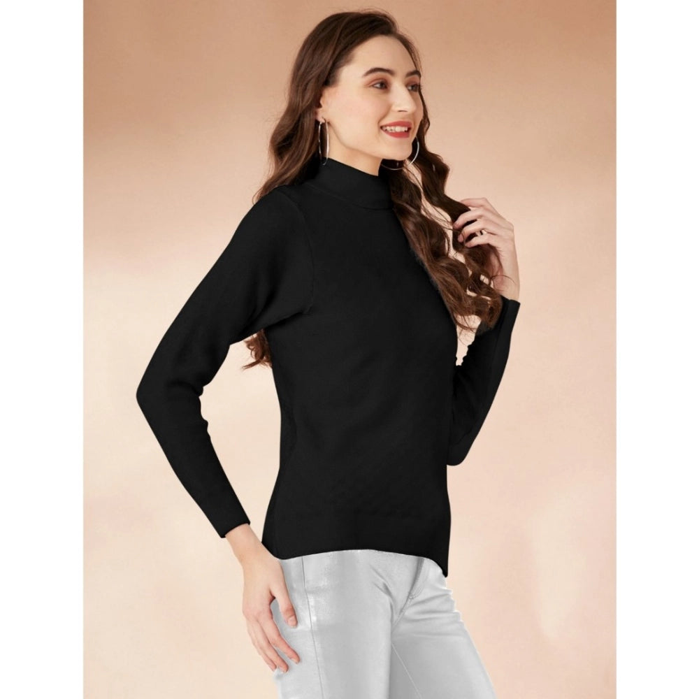 Women's Polyester Solid High Neck Full Sleeve T-Shirt (Black)