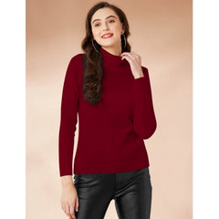 Women's Polyester Solid High Neck Full Sleeve T-Shirt (Maroon)