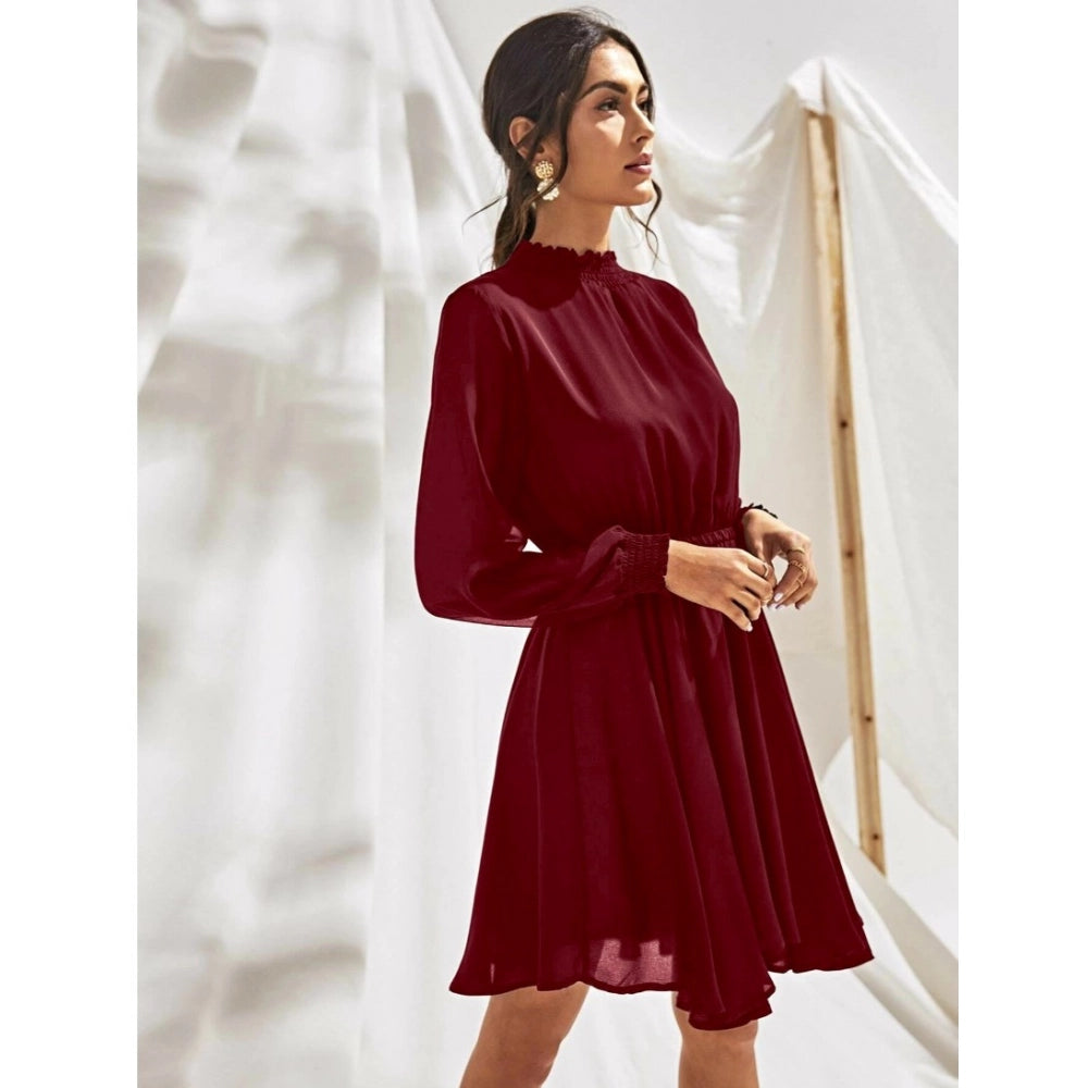 Women's Fox Georgette Solid High Neck Full Sleeve Dresses (Maroon)