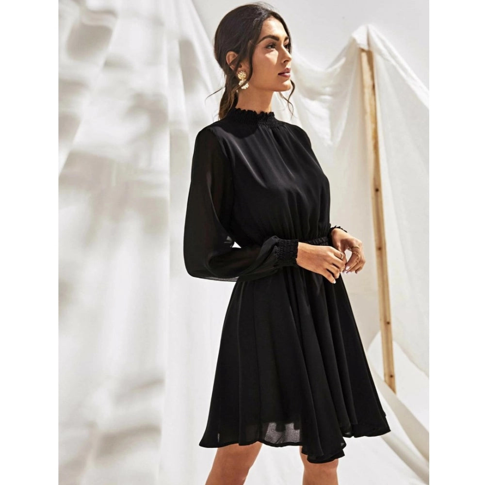 Women's Fox Georgette Solid High Neck Full Sleeve Dresses (Black)