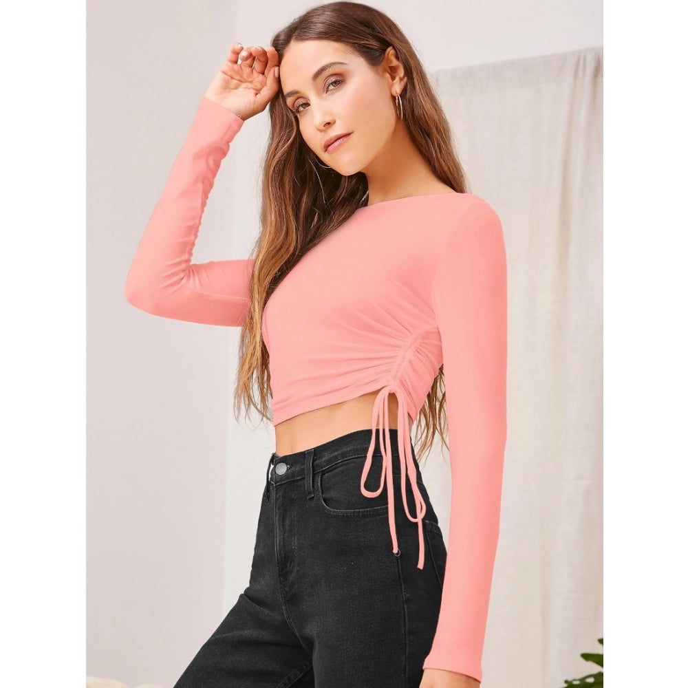 Women's Polyester Solid Round Neck Full Sleeve Top (Peach)