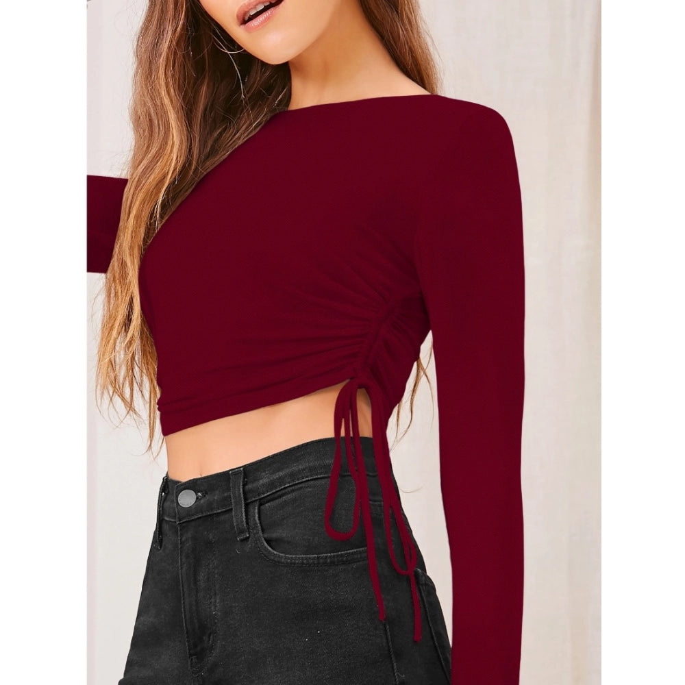 Women's Polyester Solid Round Neck Full Sleeve Top (Maroon)