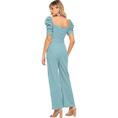 Women's Polyester Solid Sweet Heart Short Sleeve Jumpsuit (Pista)