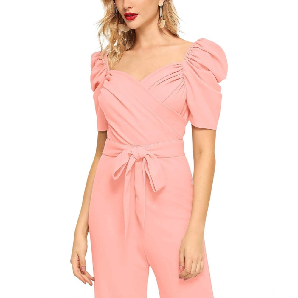 Women's Polyester Solid Sweet Heart Short Sleeve Jumpsuit (Peach)