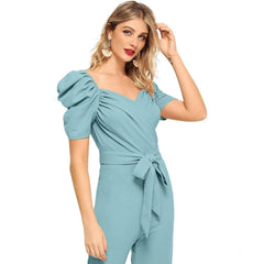 Women's Polyester Solid Sweet Heart Short Sleeve Jumpsuit (Pista)