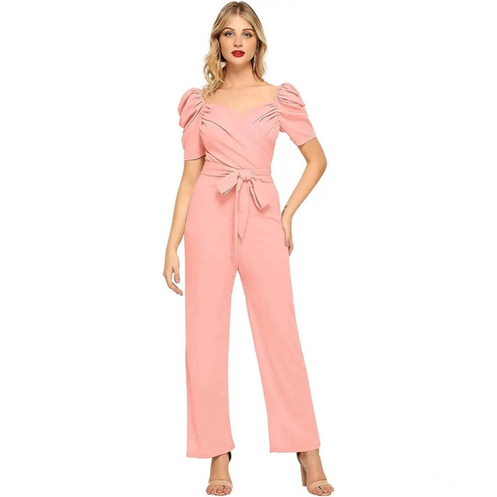 Women's Polyester Solid Sweet Heart Short Sleeve Jumpsuit (Peach)