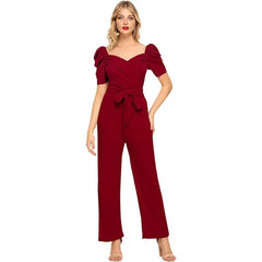 Women's Polyester Solid Sweet Heart Short Sleeve Jumpsuit (Maroon)