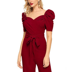 Women's Polyester Solid Sweet Heart Short Sleeve Jumpsuit (Maroon)