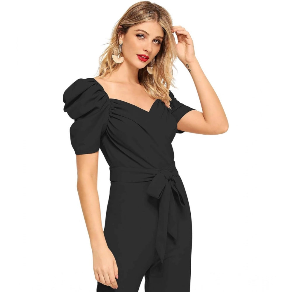 Women's Polyester Solid Sweet Heart Short Sleeve Jumpsuit (Black)