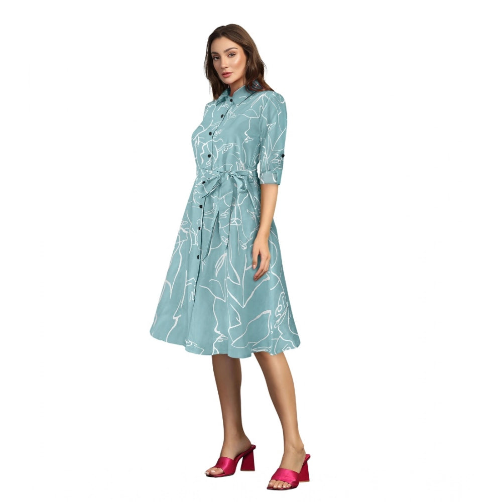 Women's Ruby Cotton Printed Shirt Collar 3-4th Sleeve Dresses (Pista)