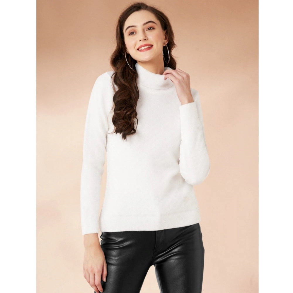 Women's Polyester Solid High Neck Full Sleeve T-Shirt (White)