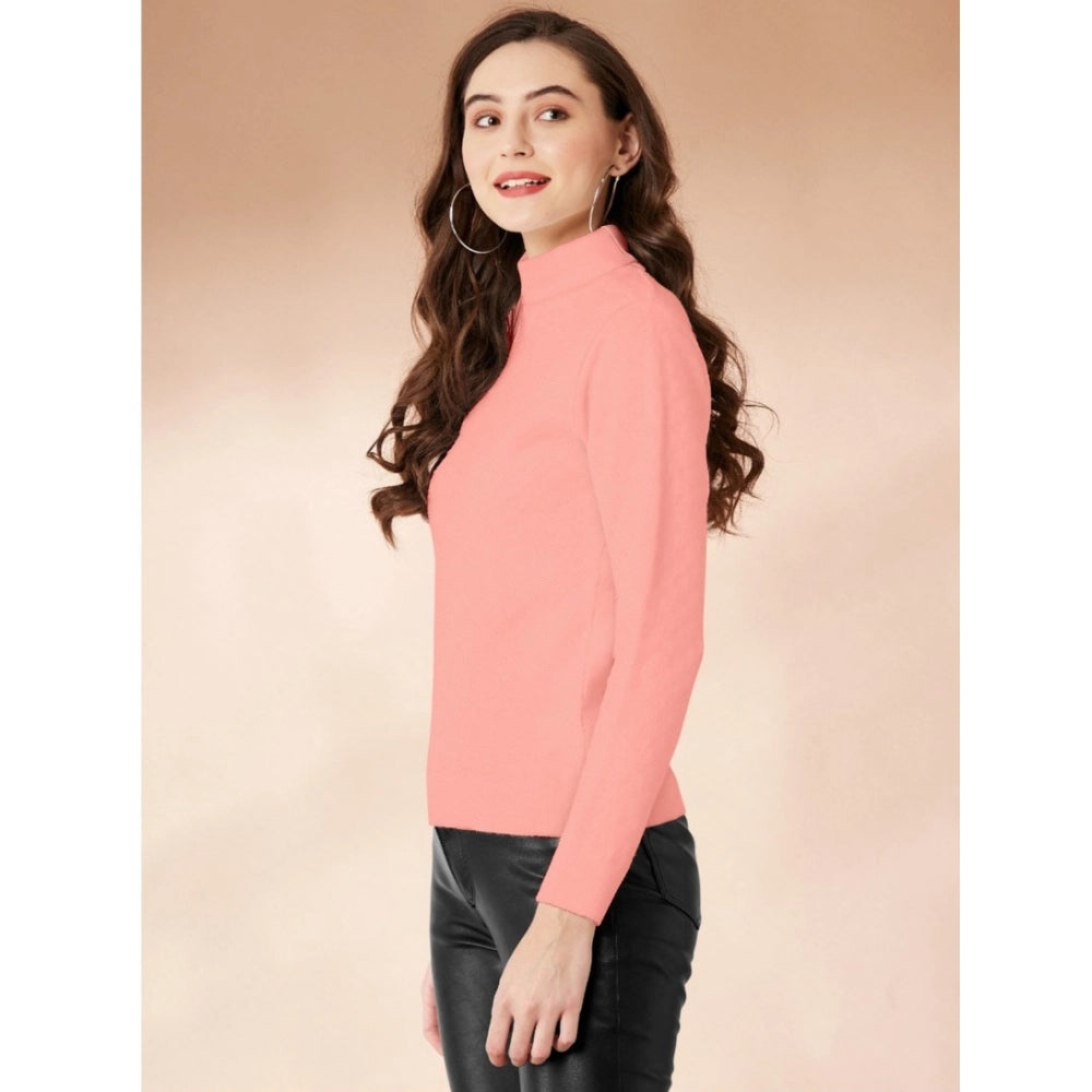 Women's Polyester Solid High Neck Full Sleeve T-Shirt (Peach)