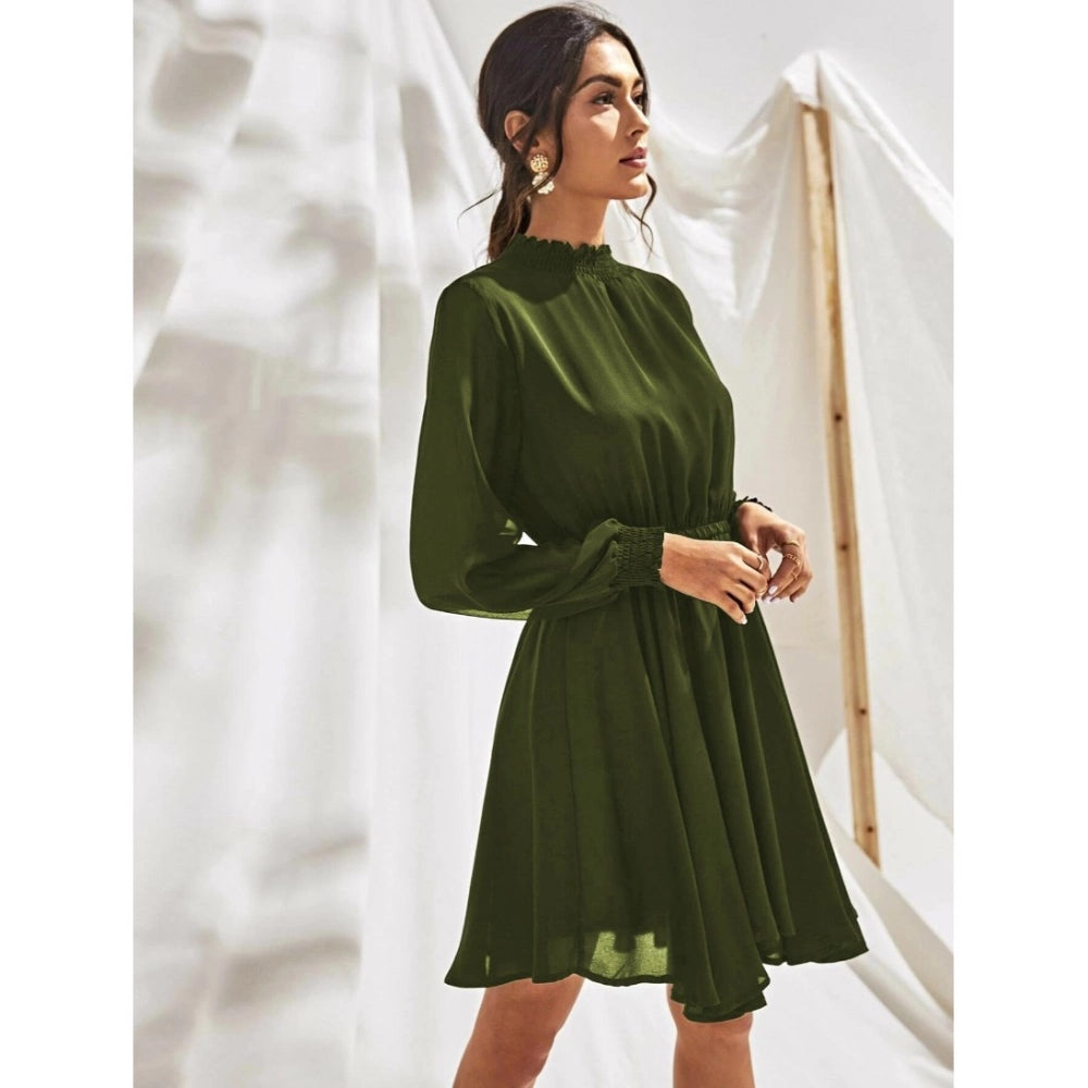 Women's Fox Georgette Solid High Neck Full Sleeve Dresses (Green)