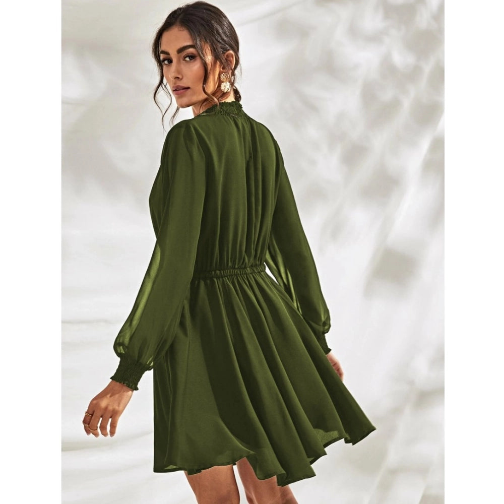 Women's Fox Georgette Solid High Neck Full Sleeve Dresses (Green)