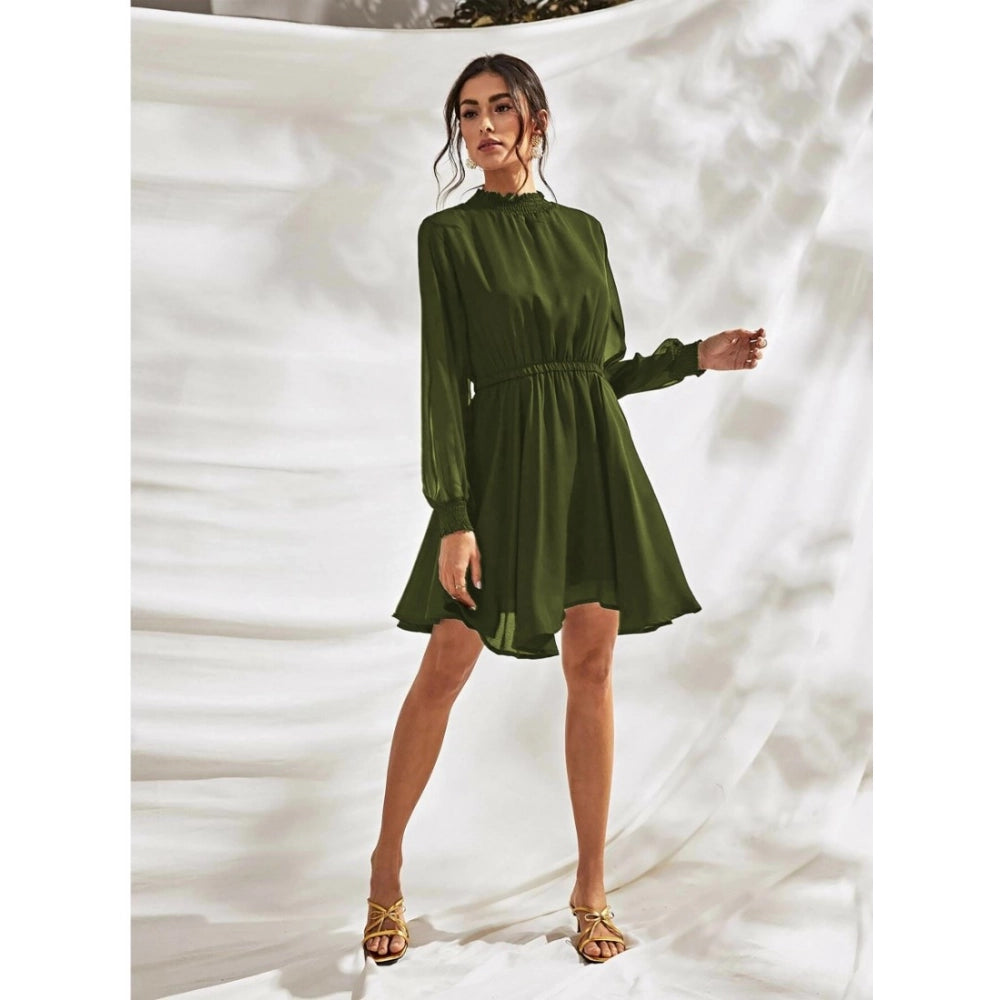 Women's Fox Georgette Solid High Neck Full Sleeve Dresses (Green)