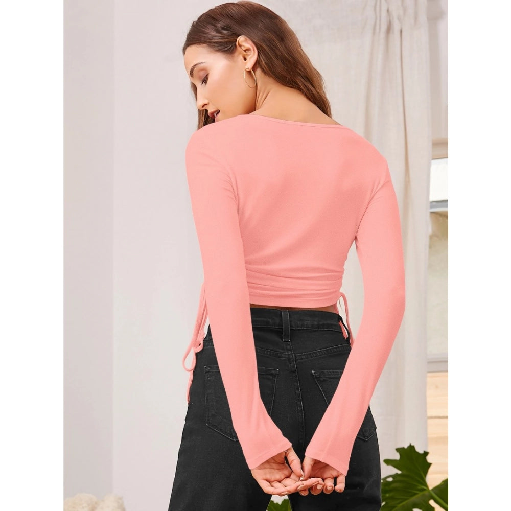 Women's Polyester Solid Round Neck Full Sleeve Top (Peach)