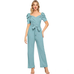 Women's Polyester Solid Sweet Heart Short Sleeve Jumpsuit (Pista)