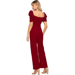 Women's Polyester Solid Sweet Heart Short Sleeve Jumpsuit (Maroon)