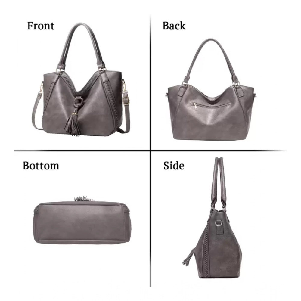 Women's PU Leather Large Shoulder Zipper Handbag (Grey)
