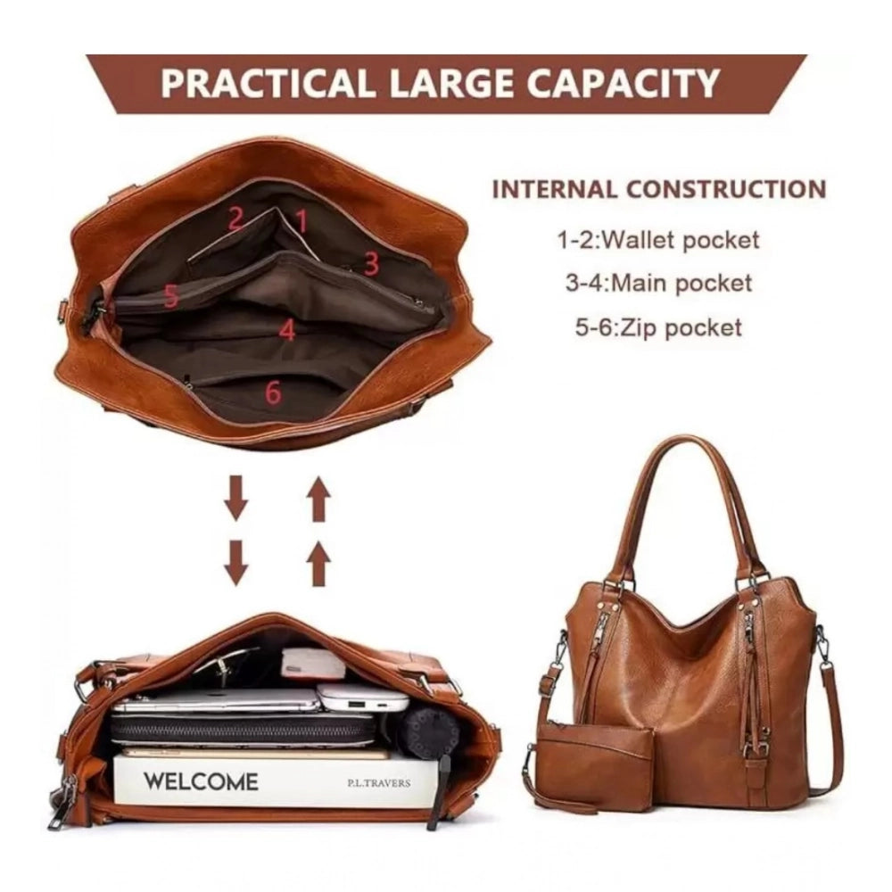 Women's PU Leather Large Shoulder Zipper Handbag (Brown)