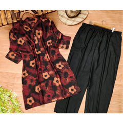 Women's Muslin Printed Mandarin Collar 3-4 th Sleeve Kurti With Pant Set (Black)
