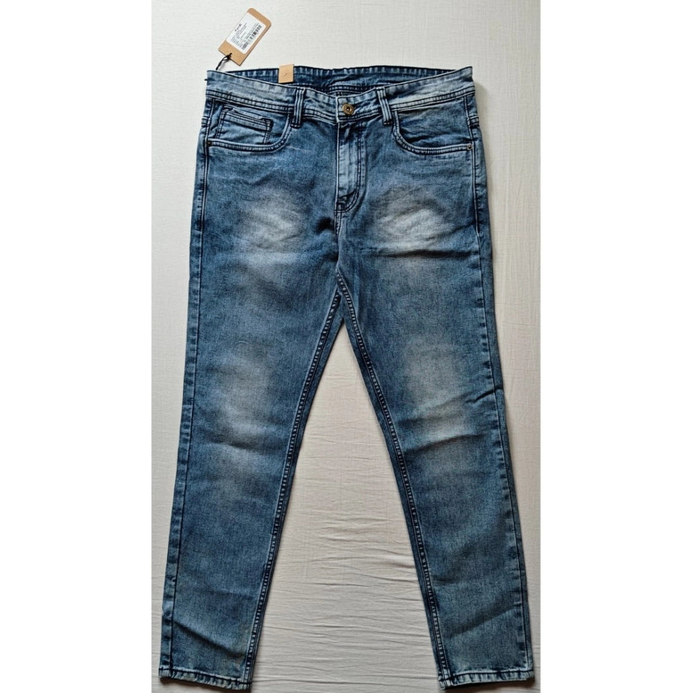 Men's Cotton Blended Solid Tapered Jeans (Blue)